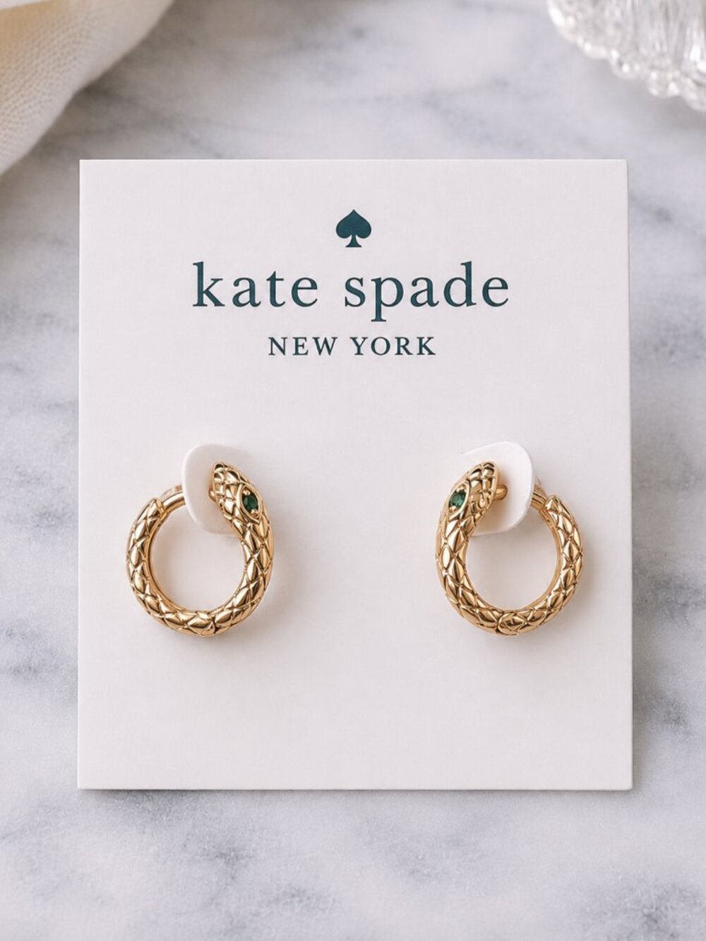 Kate Spade Gold Snake Hoop Earrings Green Crystal Eyes🐍 ✨